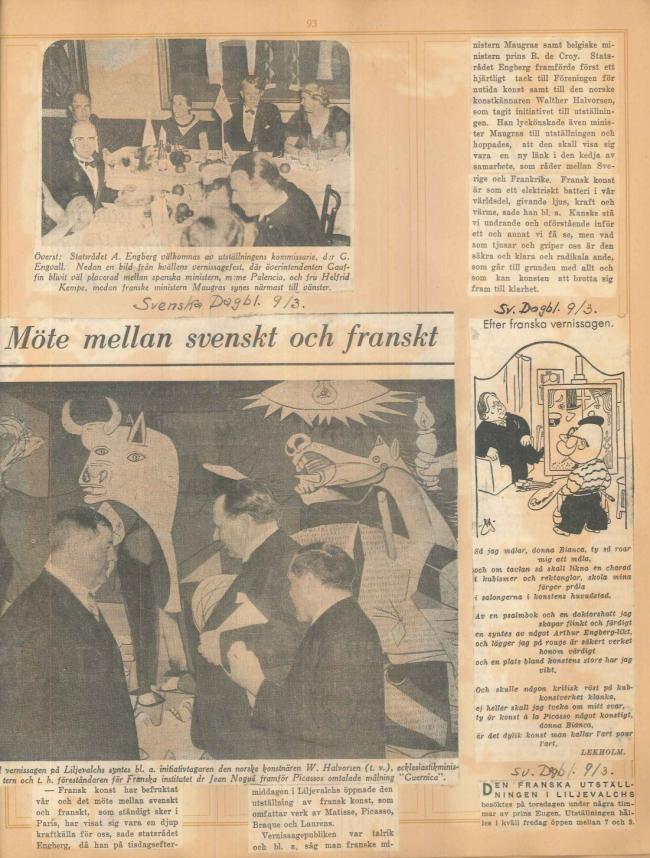 Recortes de prensa de la exposición  Henri Matisse, Picasso, G. Braque, Laurens en el Liljevalchs Konsthall