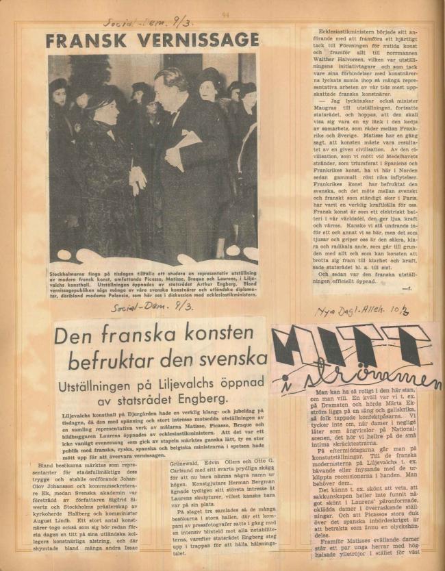 Recortes de prensa de la exposición  Henri Matisse, Picasso, G. Braque, Laurens en el Liljevalchs Konsthall