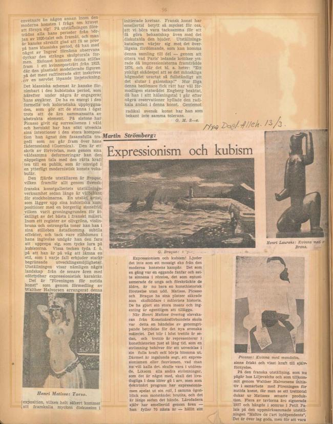 Recortes de prensa de la exposición  Henri Matisse, Picasso, G. Braque, Laurens en el Liljevalchs Konsthall