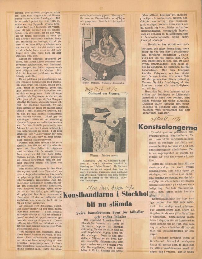 Recortes de prensa de la exposición  Henri Matisse, Picasso, G. Braque, Laurens en el Liljevalchs Konsthall