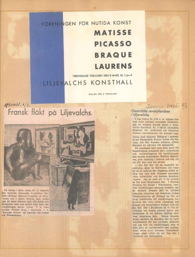 Recortes de prensa de la exposición  Henri Matisse, Picasso, G. Braque, Laurens en el Liljevalchs Konsthall