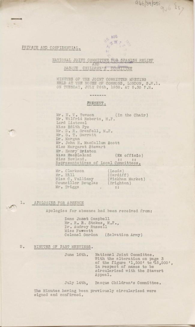 Actas del National Joint Committee For Spanish Relief