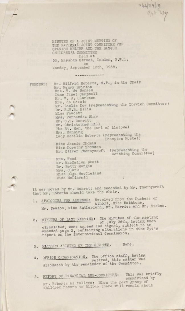 Actas del National Joint Committee For Spanish Relief