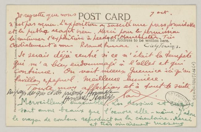 Postal de Roland Penrose para Pablo Picasso y Dora Maar