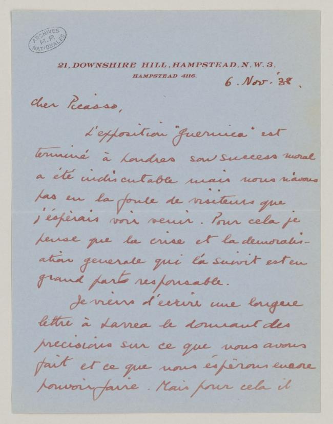Carta de Roland Penrose a Pablo Picasso del 6 de noviembre de 1938
