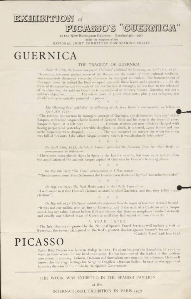 Hoja volante de la exposición Picasso's Guernica, New Burlington Galleries
