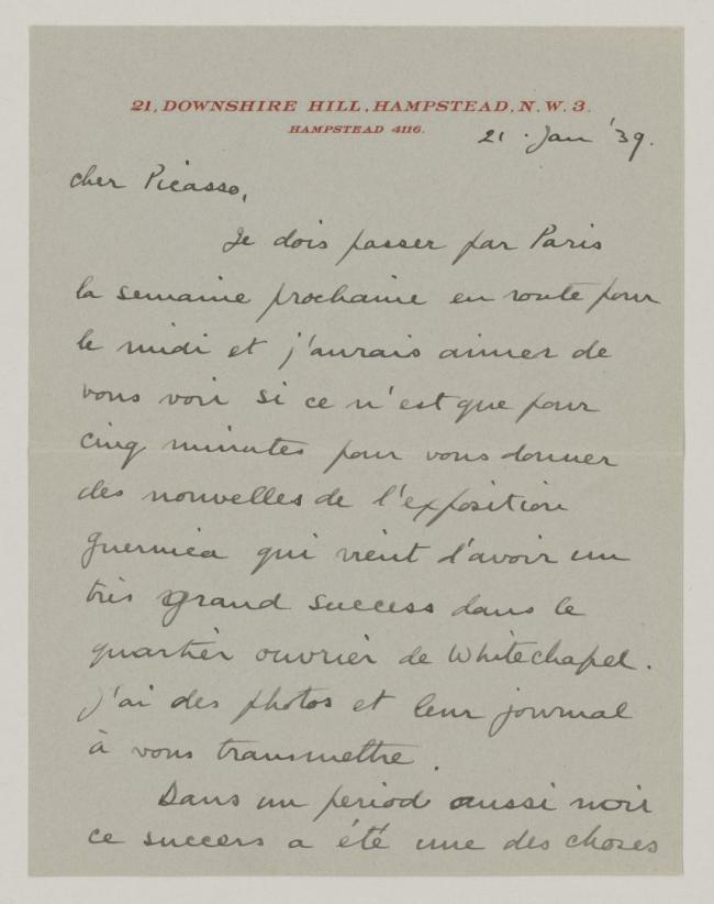 Roland Penrose's letter to Pablo Picasso, dated 21 January 1939