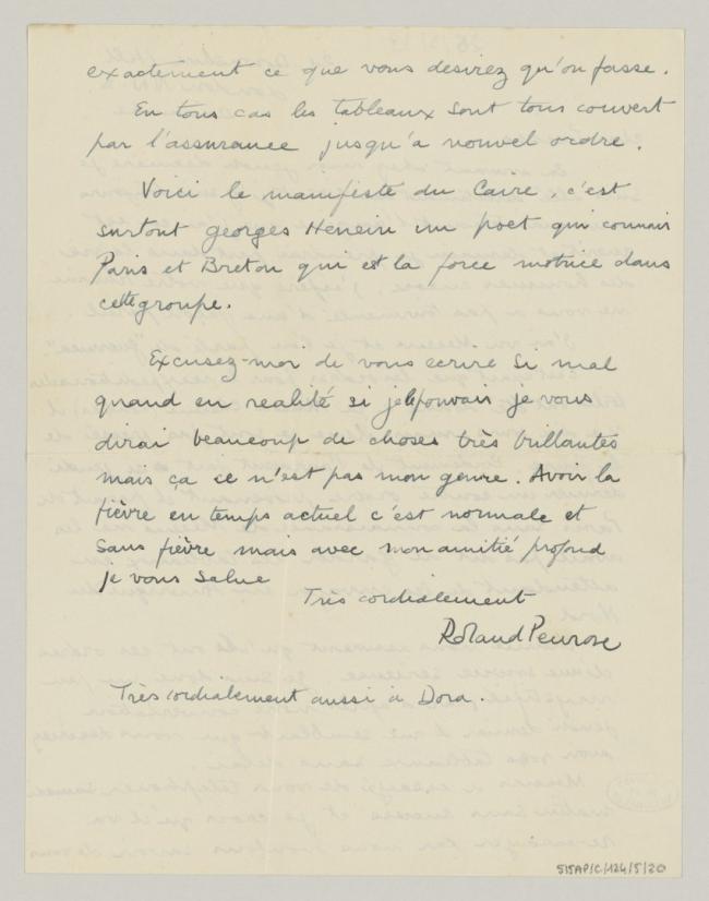 Carta de Roland Penrose a Pablo Picasso del 26 de marzo de 1939