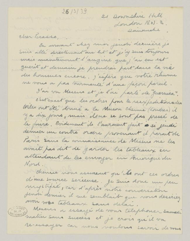 Carta de Roland Penrose a Pablo Picasso del 26 de marzo de 1939