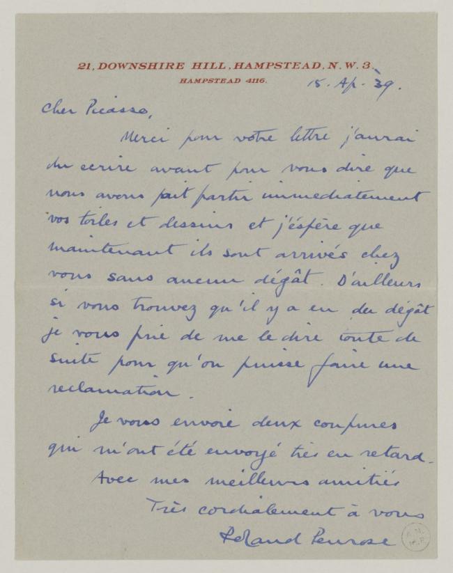 Carta de Roland Penrose a Pablo Picasso del 15 de abril de 1939