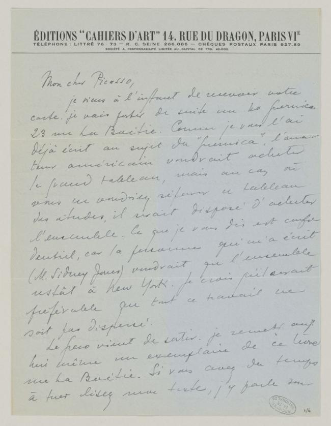 Carta de Christian Zervos a Pablo Picasso