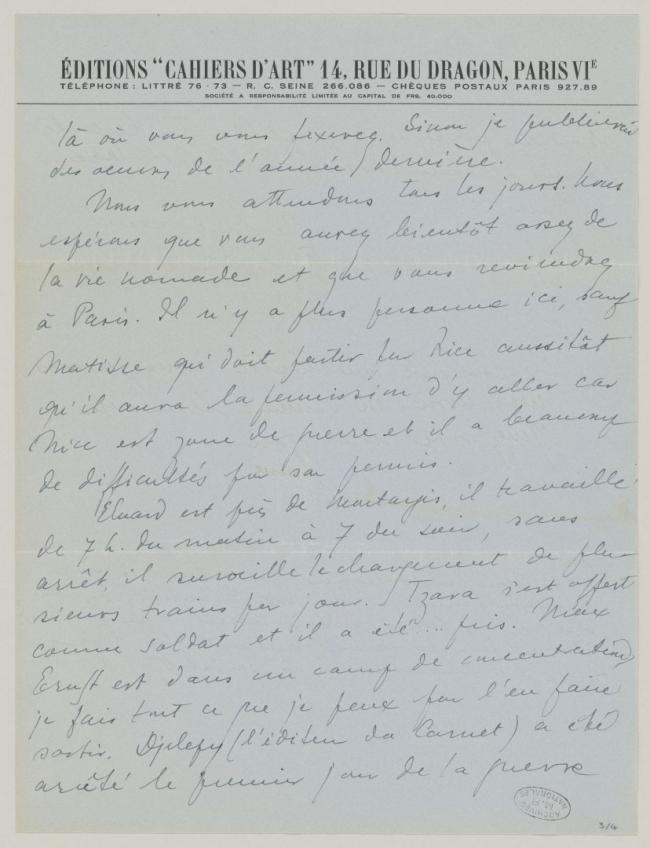 Carta de Christian Zervos a Pablo Picasso