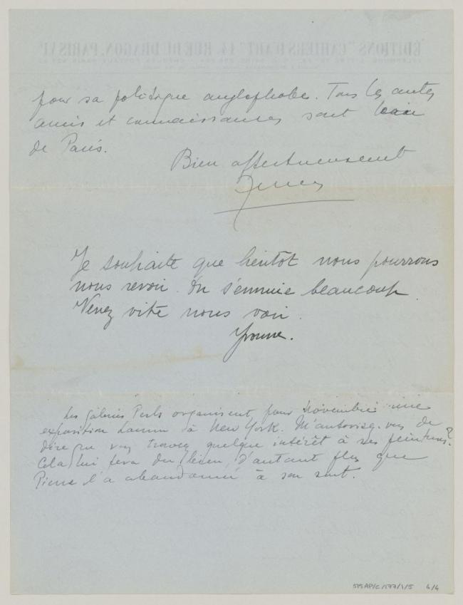 Carta de Christian Zervos a Pablo Picasso