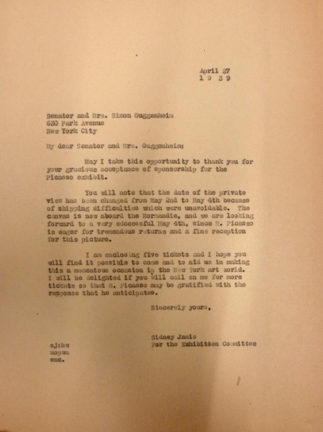 Carta de Sidney Janis a Simon Guggenheim