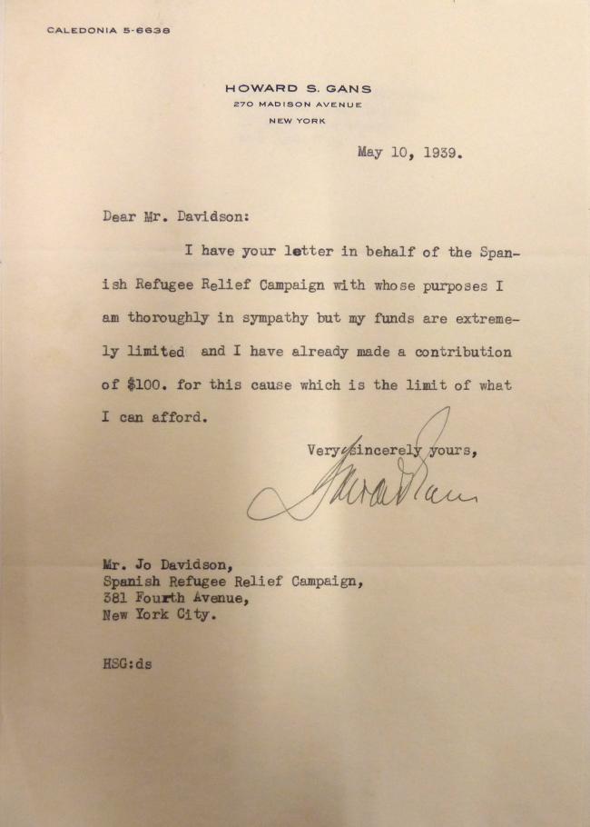 Carta de Howard S. Gans a Jo Davidson