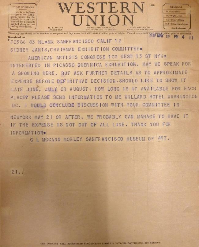 Telegrama de Grace L. McCann Morley a Sidney Janis
