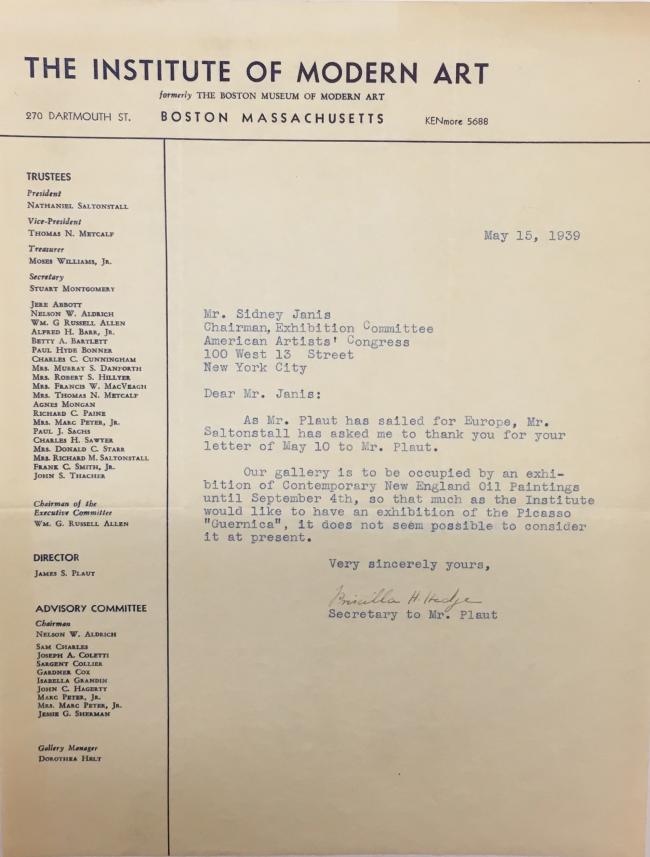 Carta de Priscilla H. Hadje a Sidney Janis