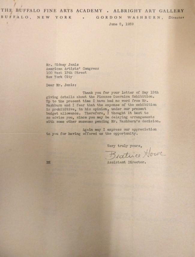 Carta de Sidney Janis a Beatrice Howe