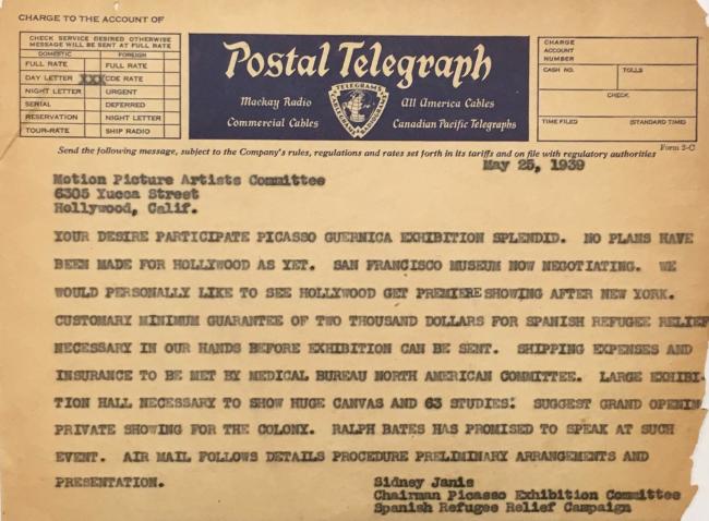 Carta de Sidney Janis al Motion Pictures Artists' Committee