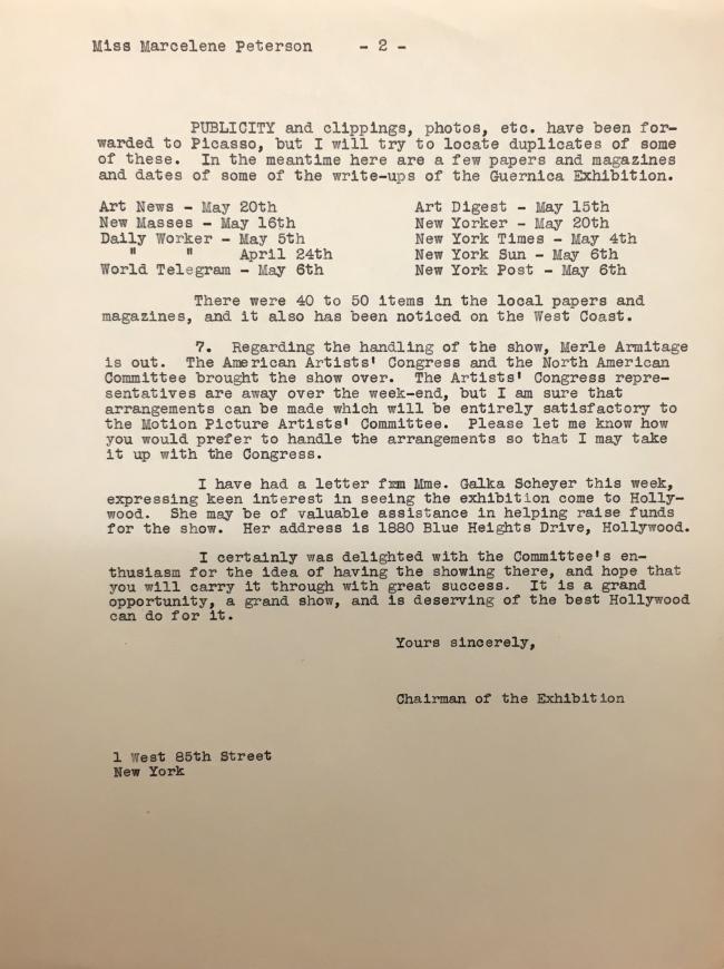 Carta de Sidney Janis a Marcele Peterson