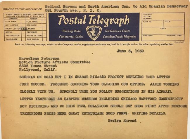 Telegrama de Evelyn Ahrend a Marcelene Peterson del 5 de junio de 1939