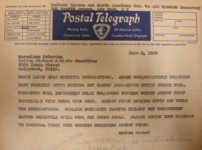 Telegrama de Evelyn Ahrend a Marcelene Peterson 