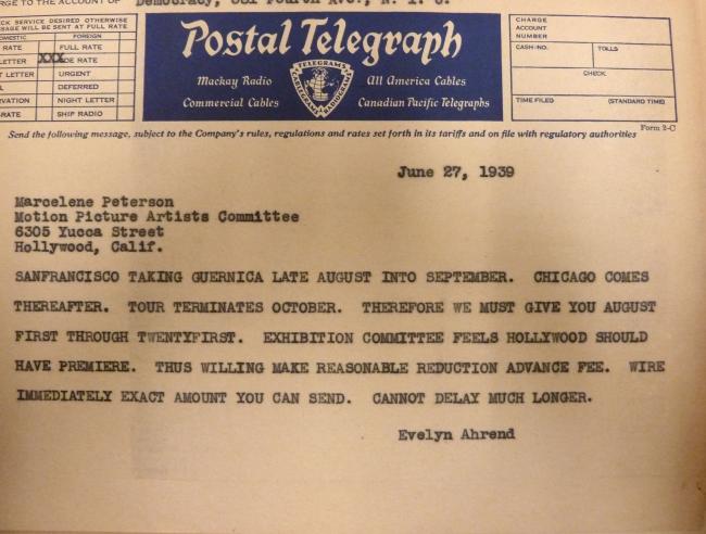 Telegrama de Evelyn Ahrend a Marcelene Peterson del 27 de junio de 1939