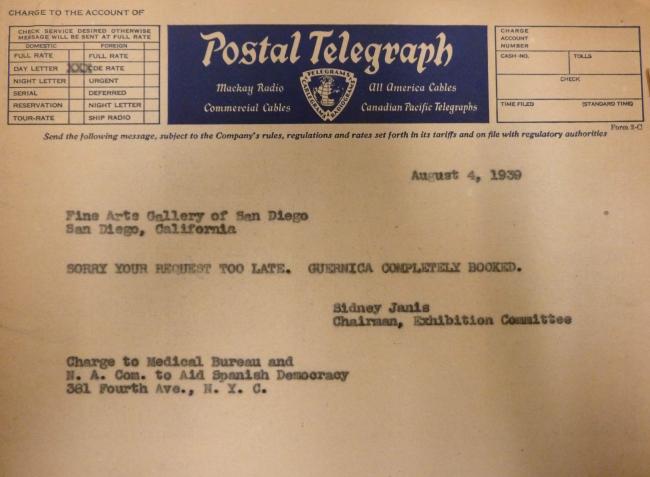 Telegrama de Sidney Janis a la Fine Arts Gallery of San Diego
