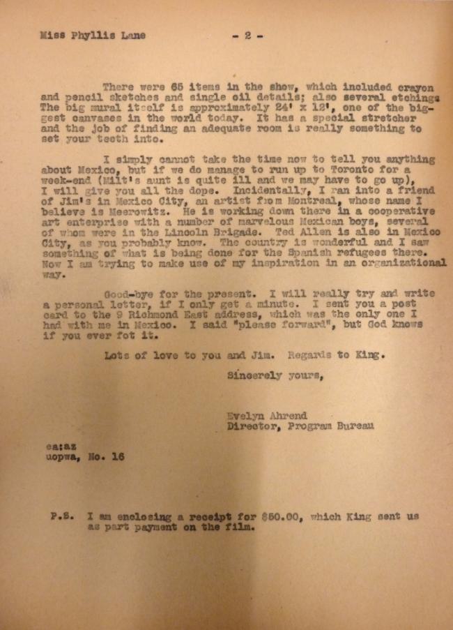 Carta de Evelyn Ahrend a Phyllis Lane del 9 de agosto de 1939