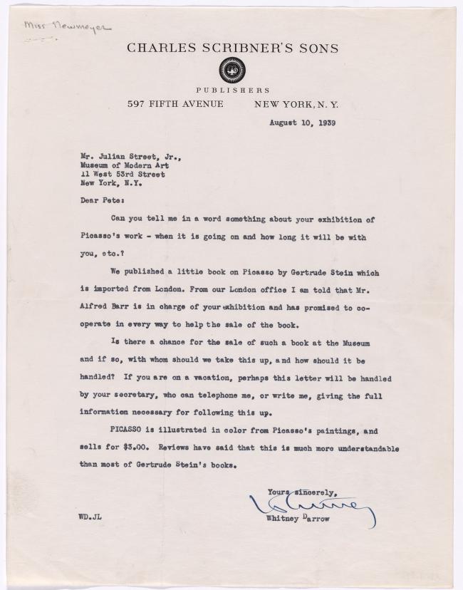 Carta de Whitney Darrow a Julian Street Jr.