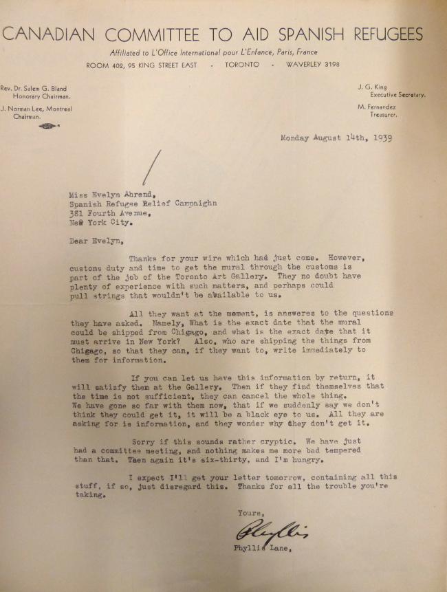 Carta de Phyllis Lane a Evelyn Ahrend del 14 de agosto de 1939