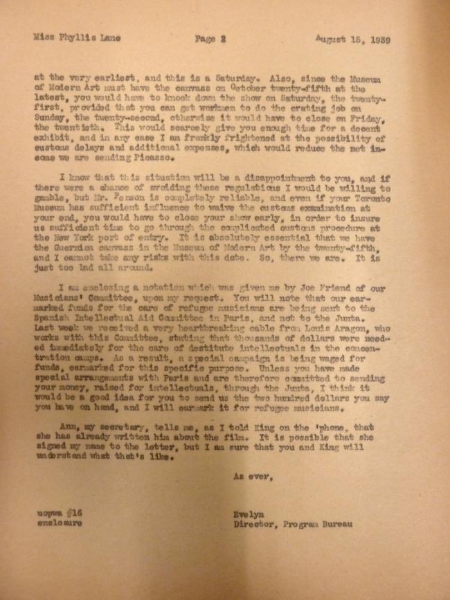 Carta de Evelyn Ahrend a Phyllis Lane del 15 de agosto de 1939