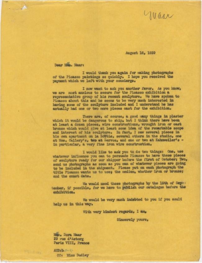 Carta de Alfred H. Barr Jr. a Dora Maar