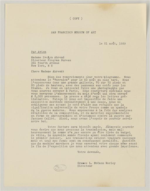 Carta de Evelyn Ahrend a Grace L. McCann Morley del 21 de agosto de 1939