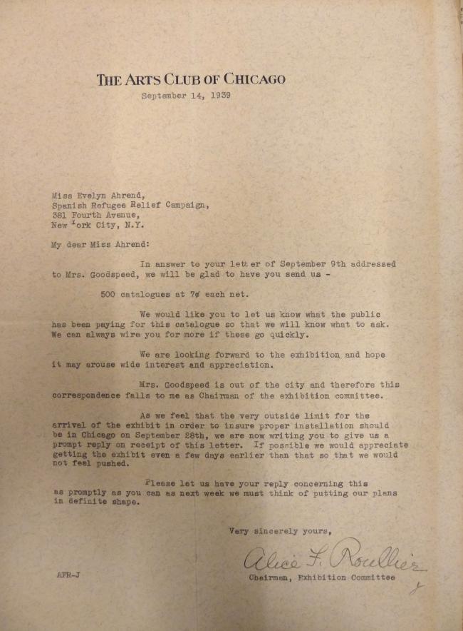 Carta de Alice Roullier a Evelyn Ahrend del 14 de septiembre de 1939