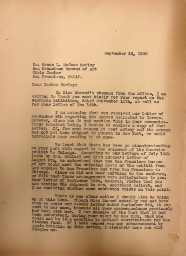 Carta de Evelyn Ahrend a Grace L. McCann Morley del 18 de septiembre de 1939