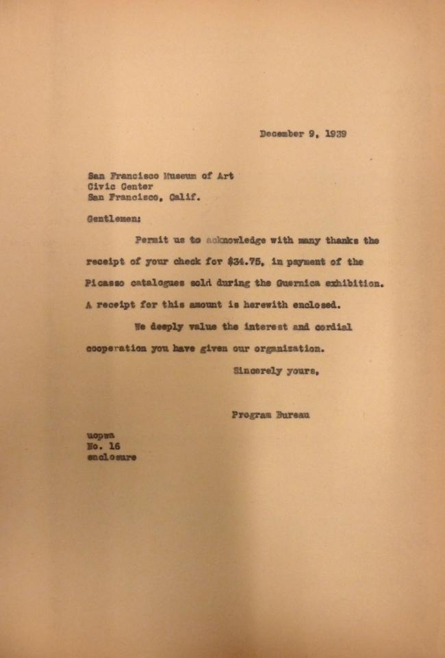 Carta de Evelyn Ahrend al San Francisco Museum of Art