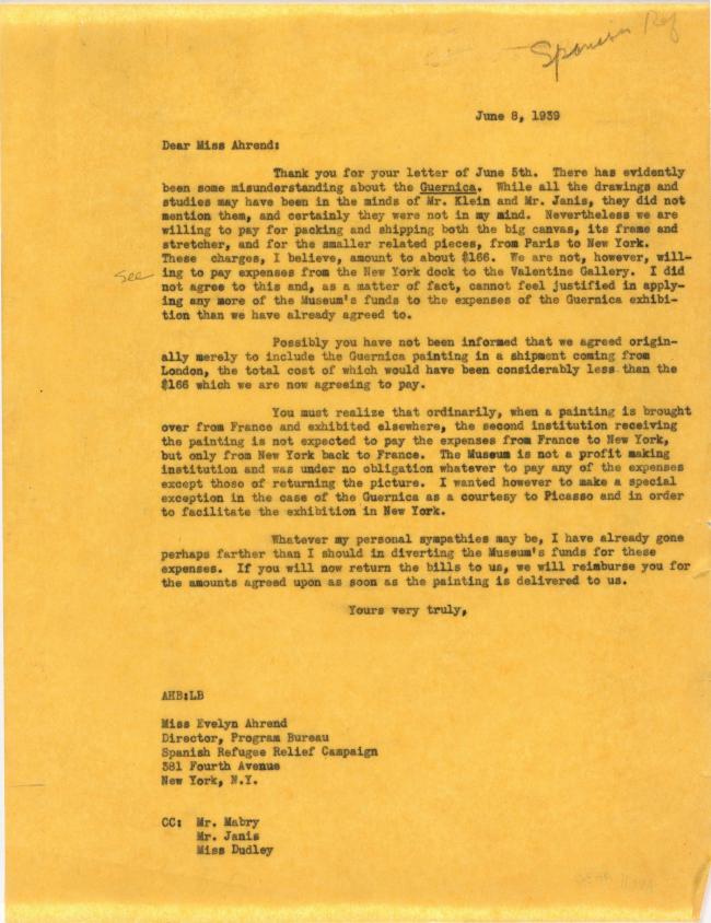 Correspondencia entre la Spanish Refugee Relief Campaign y Alfred H. Barr Jr.