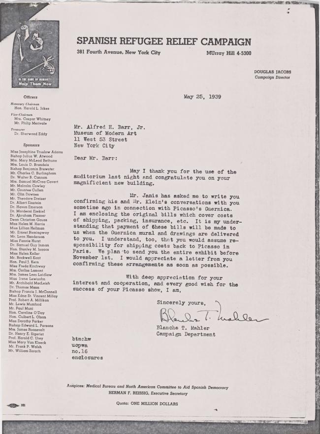 Correspondencia entre la Spanish Refugee Relief Campaign y Alfred H. Barr Jr.