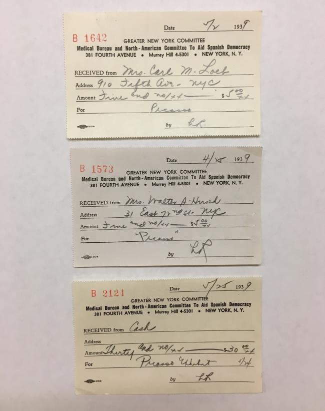 Receipts for donation made to the Medical Bureau and North American Committee to Aid Spain Democracy