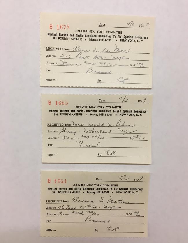 Receipts for donation made to the Medical Bureau and North American Committee to Aid Spain Democracy