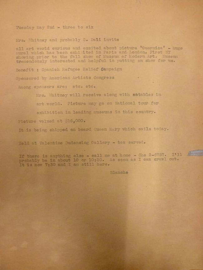 Borrador del texto para la invitación a la inauguración a de Picasso's Guernica en la Valentine Gallery de Nueva York