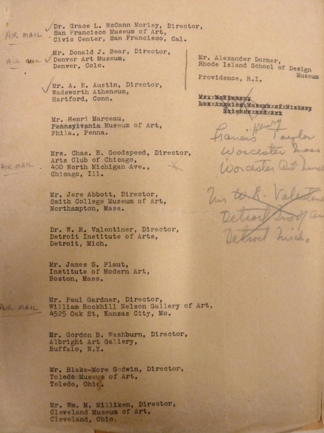 Listado de los museos y sus directores a los que la Spanish Refugee Relief Campaign ofrece participar en la gira de Picasso's Guernica.