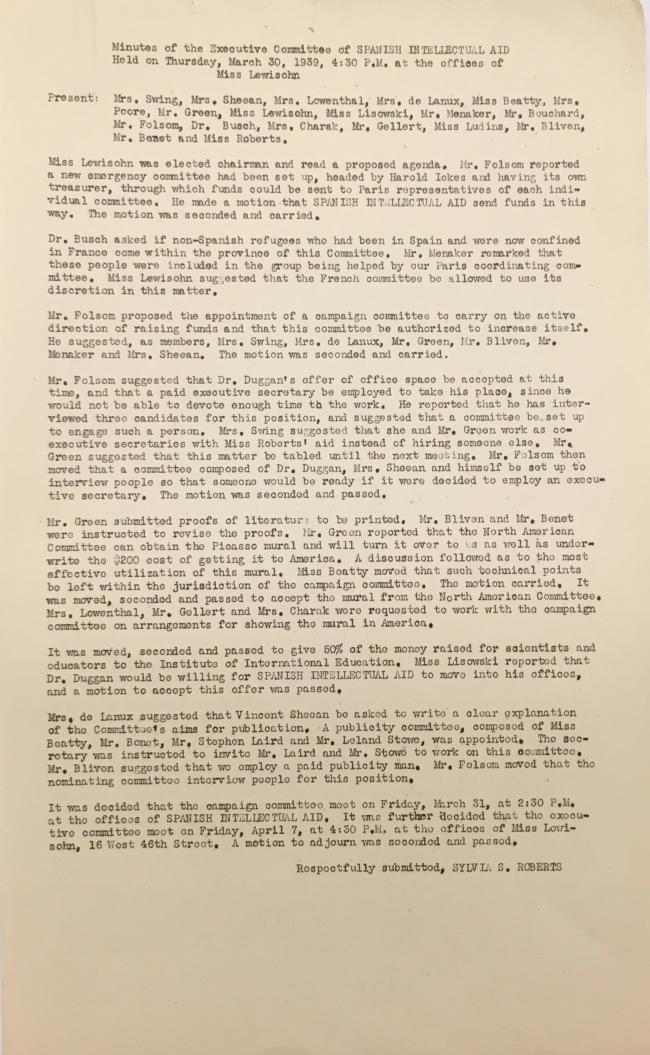 Actas de reunión del Comité Ejecutivo de la Spanish Intellectual Aid del 30 de marzo de 1939