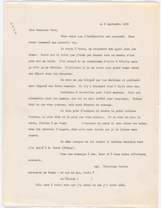 Carta de Christian Zervos a Alfred H. Barr Jr. del 6 de septiembre de 1939