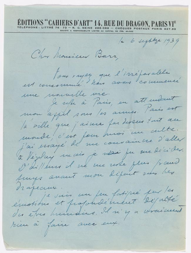 Carta de Christian Zervos a Alfred H. Barr Jr. del 6 de septiembre de 1939