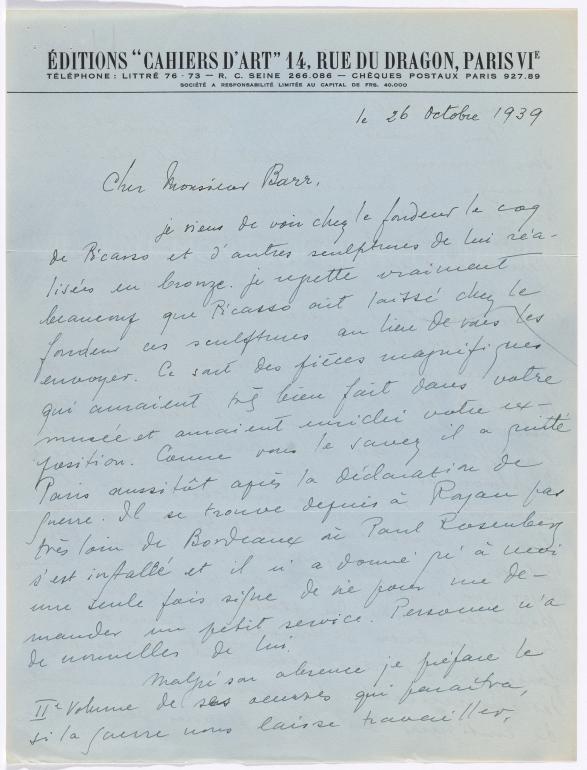 Carta de Christian Zervos a Alfred H. Barr Jr. del 26 de octubre de 1939