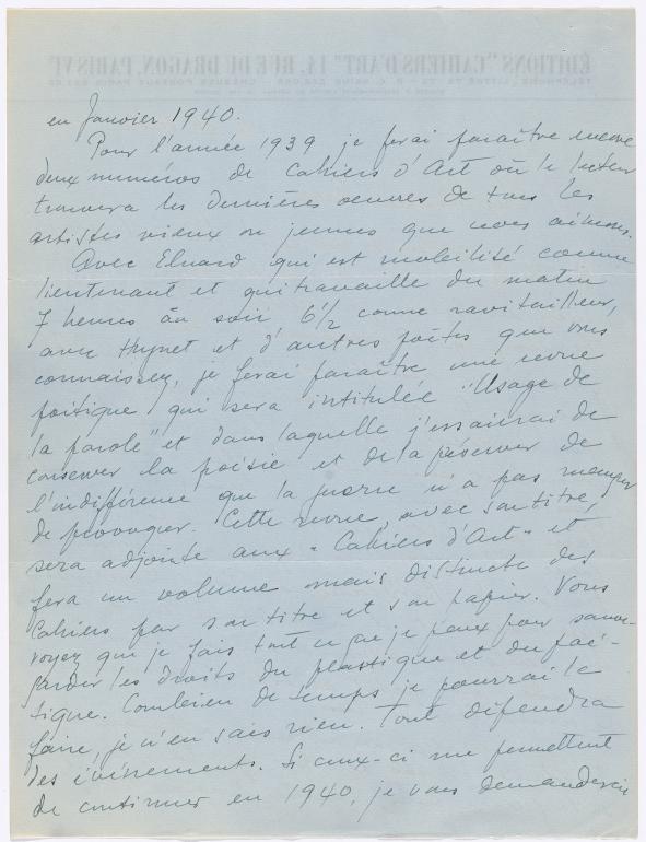 Carta de Christian Zervos a Alfred H. Barr Jr. del 26 de octubre de 1939