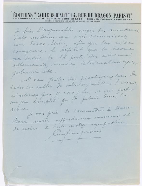 Carta de Christian Zervos a Alfred H. Barr Jr. del 26 de octubre de 1939