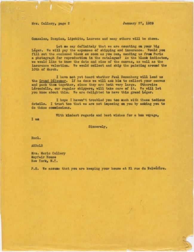 Carta de Alfred H. Barr Jr. a Meric Callery